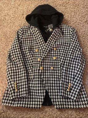 NWT Express Black & White Houndstooth Double-Breasted Pea Coat with Hood